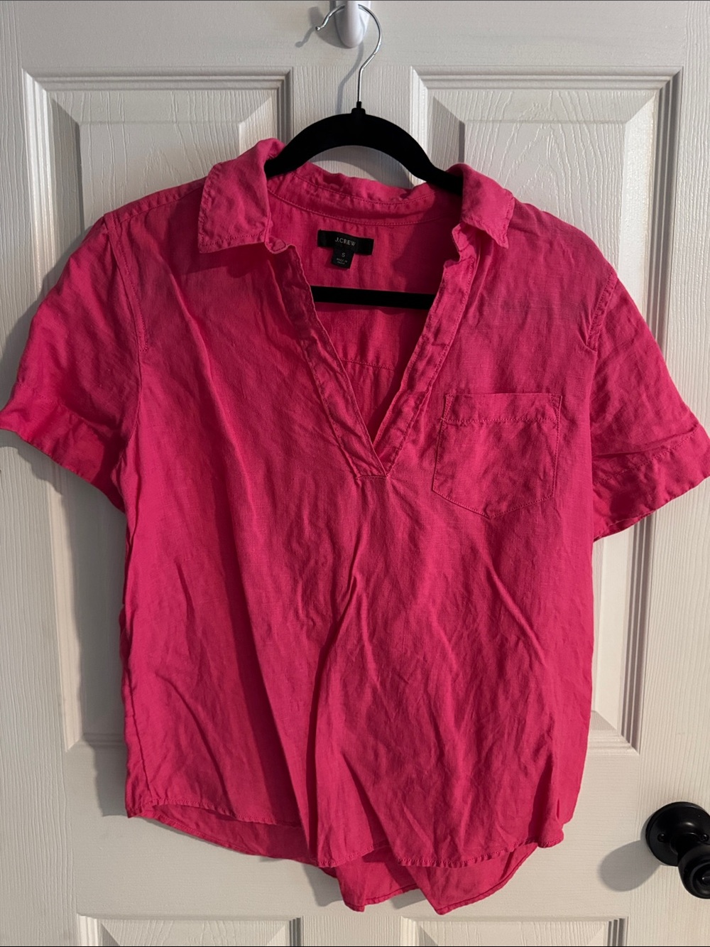 J. Crew Bright Pink Short Sleeve Button-Down Linen Shirt